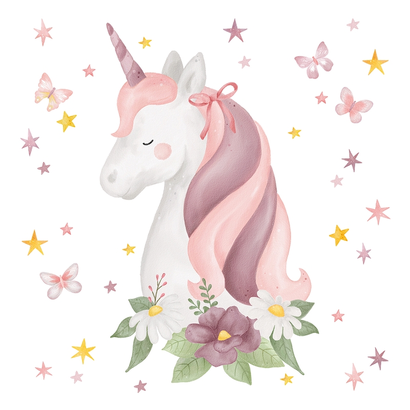 Stoff-Wandsticker &#039;Einhorn mit Blumen&#039; rosa 58 cm