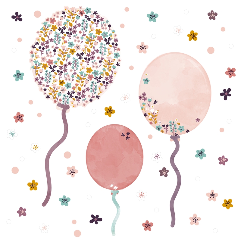 Wandsticker aus Stoff &#039;Blumen-Luftballons&#039; rosa