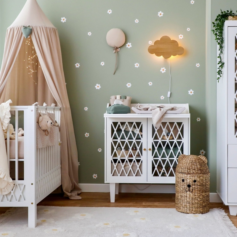 Babyzimmer in Grün &amp; Beige mit Blumen Wandstickern