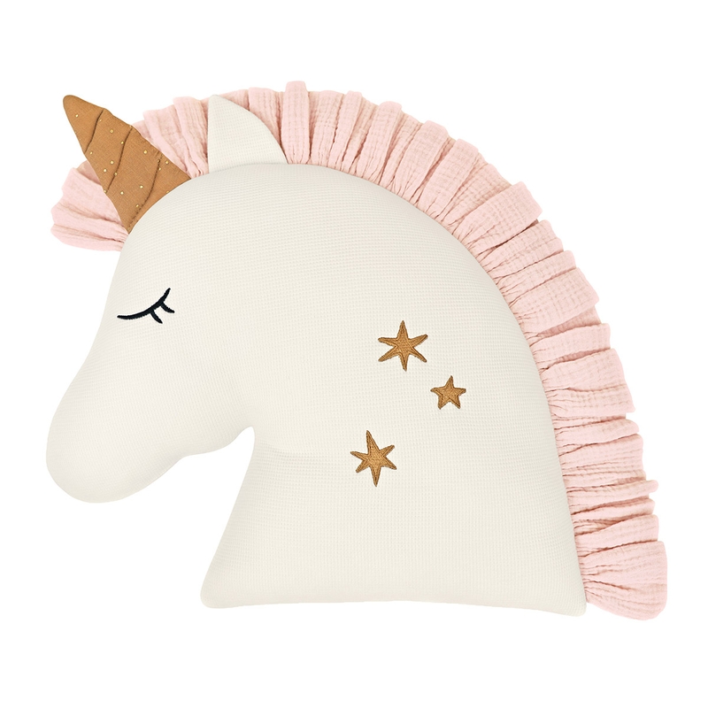 Kissen &#039;Einhorn&#039; handbestickt camel/rosa 53cm