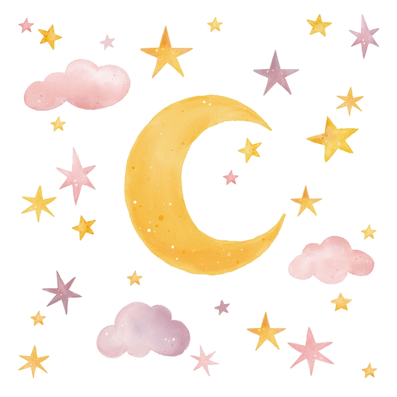 Stoff-Wandsticker &#039;Mond und Sterne&#039; rosa/gelb