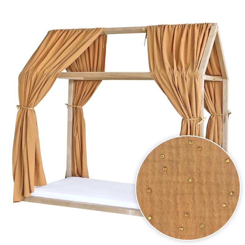 2er Set Hausbett-Himmel &#039;Goldpunkte&#039; Musselin camel