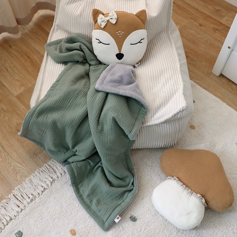 Kinderdecke Musselin/Plüsch khaki/grau 80x100cm