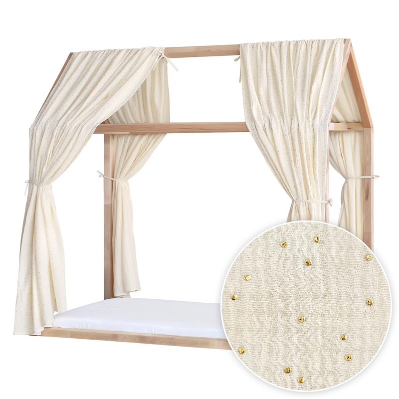 2er Set Hausbett-Himmel &#039;Goldpunkte&#039; Musselin creme